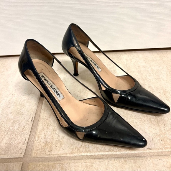 Manolo Blahnik black Patent Leather Cutout Accent D'Orsay Pumps pointed toes 5.5 - Picture 3 of 12